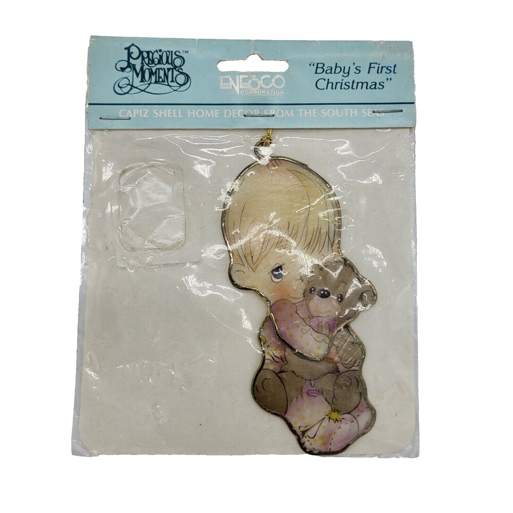 Vintage Enesco Precious Moments Capiz Shell Ornament Baby with Teddy Bear 1992